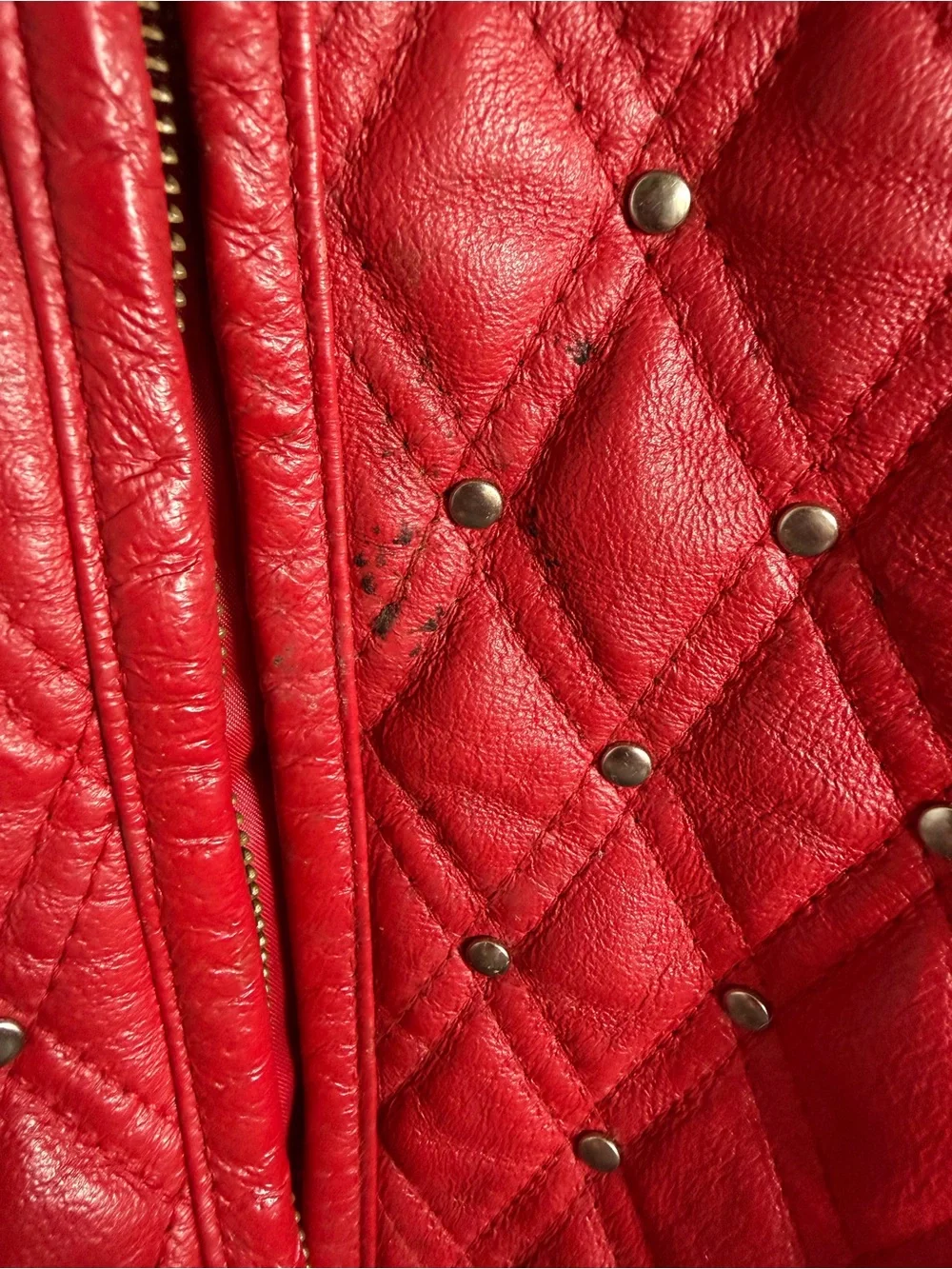 Genuine Italian Leather Kids Quilted Red Studded Bomber Jacket L 7